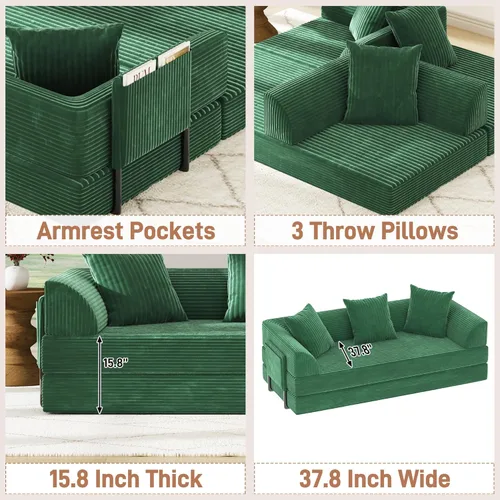 Miniatura 4 de XVD Sofá cama sin hueso de 79 pulgadas, futón convertible con almohadas y bolsillo de almacenamiento, sofá comprimido extraíble para sala de estar