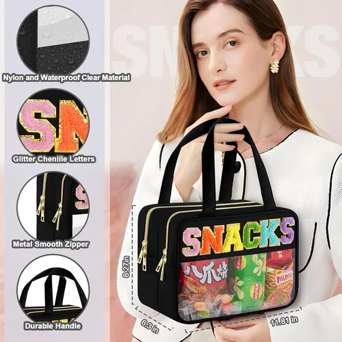 Miniatura 5 de Bolsa de Maquillaje Transparente con Letras de Chenilla, Bolsa de Cosméticos Preppy Transparente, Bolsas de Snacks Transparentes con Cremallera