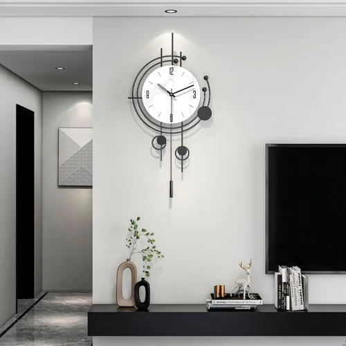 Miniatura 8 de Reloj de pared grande para decoración de sala de estar, reloj de pared decorativo moderno en negro con péndulo, de madera, funciona con pilas, sin