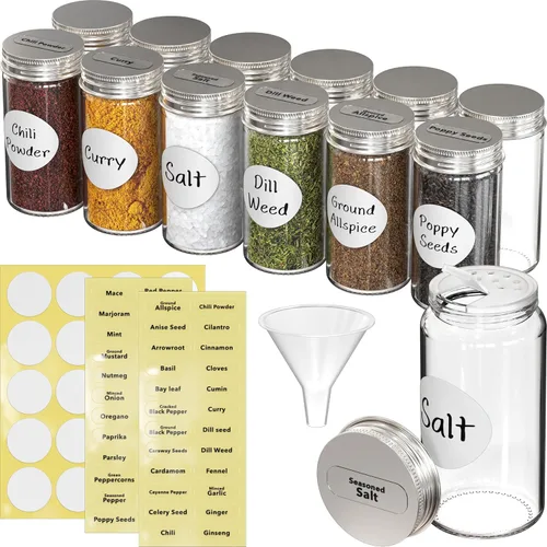 Simple Houseware Paquete de 12 frascos de vidrio para especias de 3 onzas, botellas redondas con tapas agitadoras, embudo y etiquetas para
