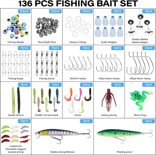Miniatura 6 de Mochila de pesca con cajas de aparejos, bolsa de hombro de pesca impermeable con soporte para caña, bolsa de pescado con kit de 136 señuelos de Gris