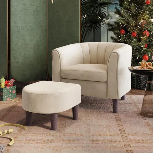 LINSY Silla decorativa con otomana, sillón moderno, cómoda silla de lectura de barril con reposapiés para sala de estar, dormitorio, sala de Beige