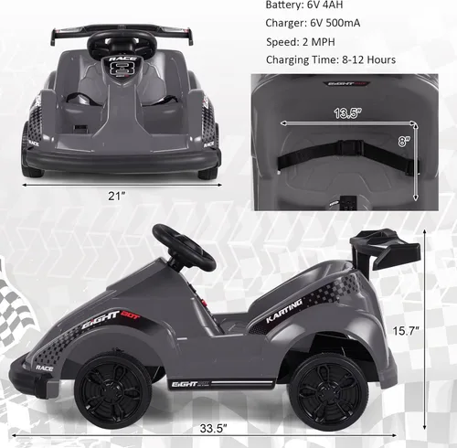 Miniatura 7 de Costzon Go Kart Racer de 6 V con control remoto de 2.4 G, juguete eléctrico para niños con cinturón de seguridad, música, puerto USB, Negro