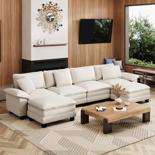 Miniatura 13 de MIXPATIO Sofá modular en forma de L de 123 pulgadas con cojines de nube, juego de sofá modular de asiento profundo con 4 asientos y 1 otomana, Gris