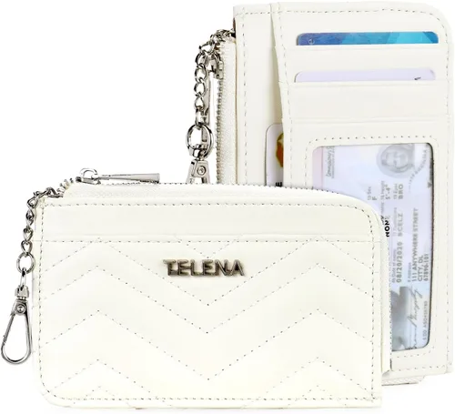 Telena Cartera delgada para mujer, con bloqueo RFID, tarjetero de cuero con llavero plateado, color beige