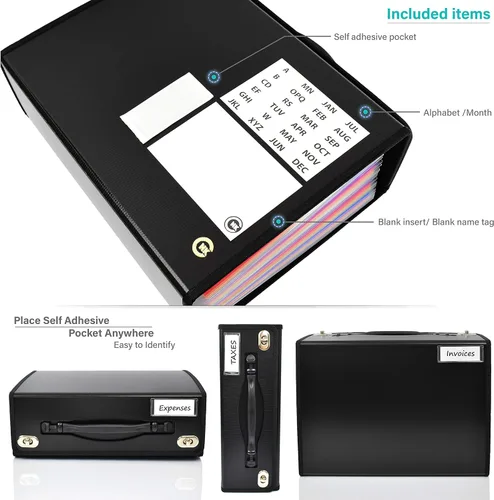 Miniatura 6 de CNK Carpetas de Archivos de Acordeón con 24 Bolsillos Organizador para Almacenamiento de Documentos en Papel Carpeta de Documentos Expandible Negro