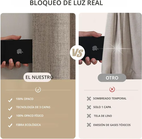 Miniatura 5 de Joydeco - Cortinas 100% opacas, 2 paneles de lino natural para oscurecer habitación, aislamiento térmico, trabillas traseras y bolsillo para barra