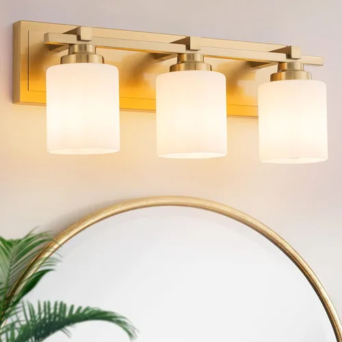 Miniatura 22 de 1 Luminaria Moderna de Baño sobre Espejo, Luces de Tocador Negro Dorado para Apliques de Pared de Baño con Pantallas de Vidrio Blanco Lechoso