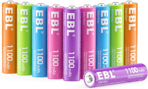 EBL Baterías AAA recargables 10 unidades de alta capacidad 1100mAh (paquete de 10 - 2 x 5 colores en una caja) 1.2V Ni-Mh triple AAA batería ProCyco