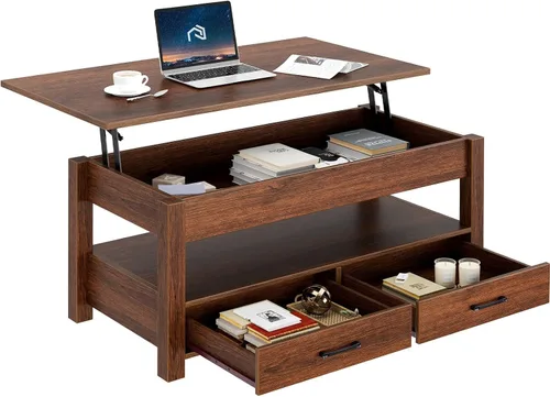 Miniatura 10 de Rolanstar - Mesa auxiliar, mesa de centro con cajones y compartimento oculto, mesa de sala de estar con tablero de elevación de madera, para sala