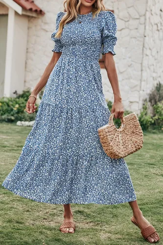 Miniatura 3 de BTFBM Vestidos para mujer, cuello redondo, casual, de verano, con volantes, manga corta, bohemio, con niveles, fruncido, largo, con estampado floral
