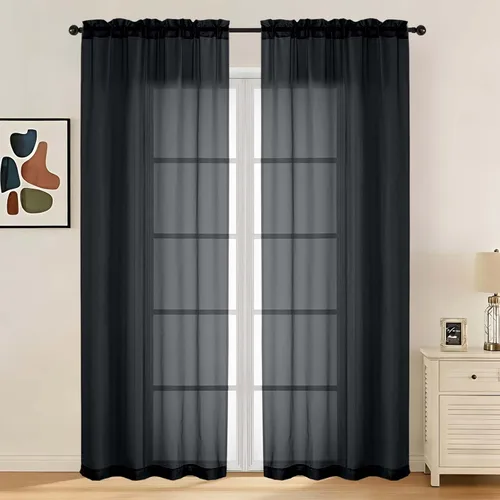 Miniatura 93 de LIVEKID Cortinas traslúcidas negras de cocina de 36 pulgadas de largo, cortinas cortas filtrantes de luz, 2 paneles de gasa aireada, texturizadas