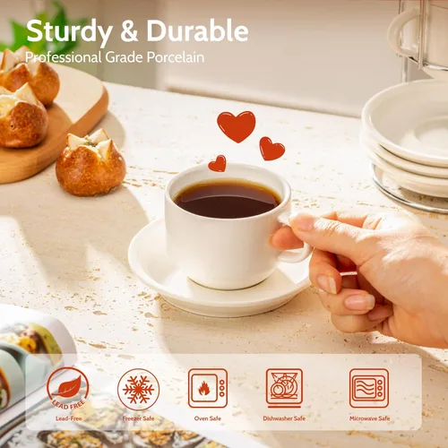 Miniatura 2 de Sweese Tazas apilables de porcelana para capuchino de 8 onzas con platillos y soporte de metal, para bebidas de café especiales, capuchino, latte