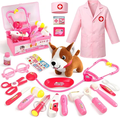 Kit de médico para niños pequeños de 3 a 5 años, disfraz para niñas de 2 años, veterinario, juego de médico con estetoscopio, disfraz rosa, juguete