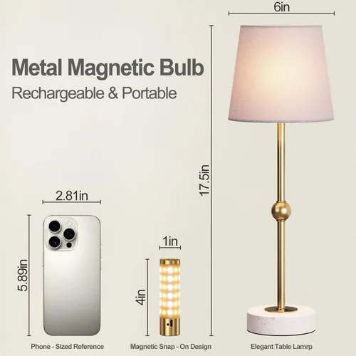 Miniatura 10 de Lámpara de mesa LED inalámbrica de 17.5 pulgadas, recargable y regulable con bombilla magnética desmontable, base de mármol, acabado de latón, luz