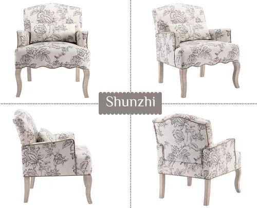 Miniatura 8 de Shunzhi Sillas de Acento Florales Estilo Granja Sillón Tapizado de Lino Silla de Lectura Moderna de Mediados de Siglo Sofá Individual con Almohada