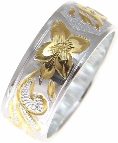 Miniatura 5 de Arthur's Jewelry Anillo de plata de ley 925 con diseño de flor de plumeria hawaiana, chapado en oro amarillo, borde liso, tamaño 3 a 14