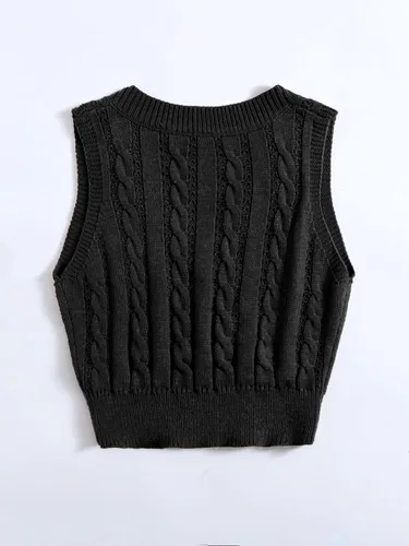 Miniatura 2 de OYOANGLE Suéter de punto trenzado con cuello en V para mujer, sin mangas, acanalado