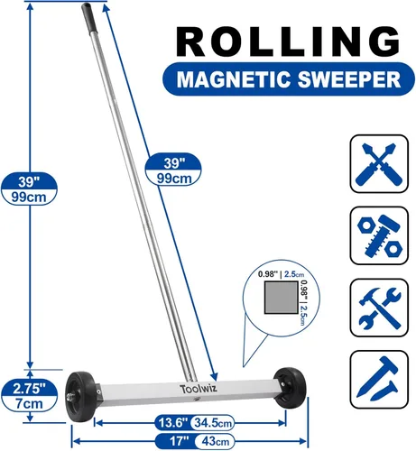 Miniatura 2 de Toolwiz Barredora magnética rodante de 17 pulgadas, 8.8 libras, con herramientas magnéticas telescópicas de 16 libras, barredora ligera con ruedas