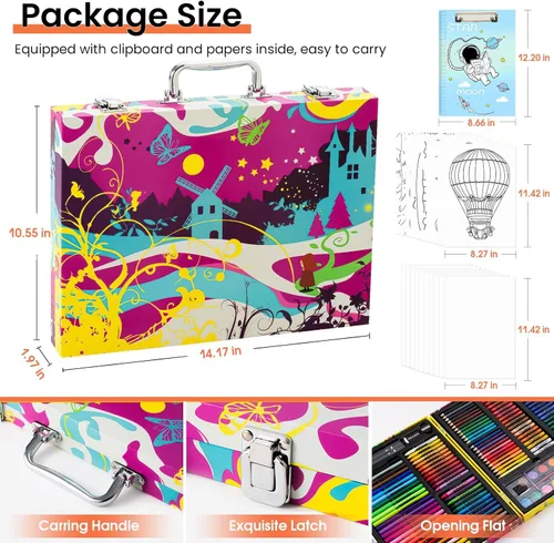 Miniatura 7 de Suministros de arte, juego de 180 piezas para dibujar y pintar para niños, niñas, niños, adolescentes, juego de arte para colorear con estuche