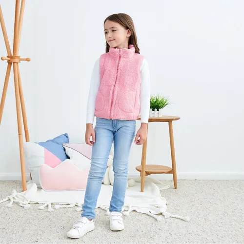 Miniatura 2 de JESKIDS Chaleco de forro polar Sherpa para niñas, ligero, color liso, linda chaqueta con bolsillos, 2-11 años
