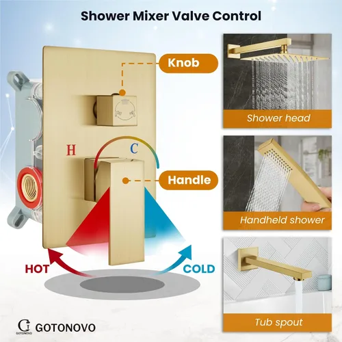 Miniatura 3 de gotonovo Sistema de ducha con boquilla de bañera, cabezal de ducha de lluvia montado en la pared y mango, juego combinado de grifo de ducha