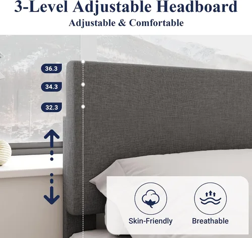 Miniatura 4 de Allewie - Base de cama Queen con cabecera ajustable, cama tapizada con plataforma y listones de madera, base de colchón resistente, no necesita Gris