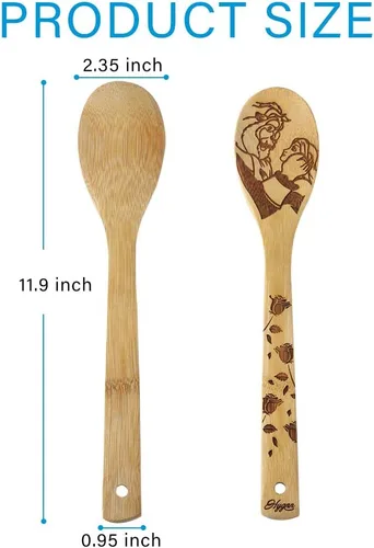 Miniatura 2 de Beauty and the Beast Juego de cucharas de madera quemadas para cocinar y servir, cuchara de bambú ranurada, utensilios de cocina, idea de regalo