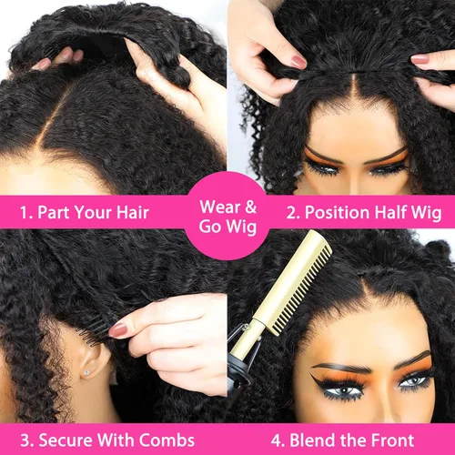 Miniatura 4 de Curly Half Wig Human Hair - 180% Density 3 in 1 Seamless Flip over Half Wig 14 Inch Glueless Wear Go Beginner Friendly Kinky Curly Wig Drawstring
