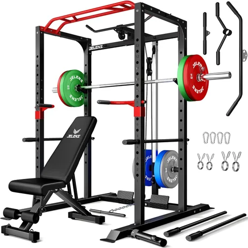Miniatura 10 de Jaula de potencia JELENS, banco multifunción S11 con capacidad de 2000LBS, barra para sentadillas con sistema de poleas ajustable y más accesorios