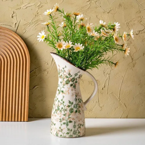 Miniatura 14 de Jarrón de cerámica verde y blanco con asa, florero rústico para decoración de hogar estilo “chinoiserie”, “grandmillenial” y toscano, jarrón