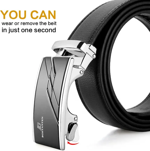 Miniatura 5 de BOSTANTEN Cinturón de cuero con trinquete para hombre con hebilla ajustable deslizante, corte para adaptarse, Negro