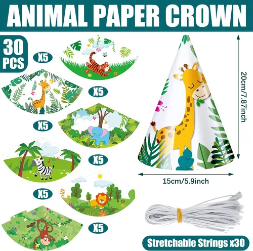 Miniatura 2 de 30 sombreros de fiesta de animales para niños, sombreros de cono de cumpleaños de safari, 6 x 7.87 pulgadas, suministros de fiesta de cumpleaños