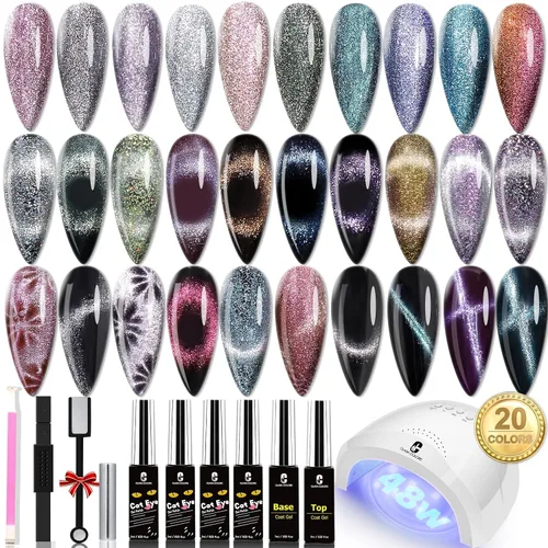 Miniatura 9 de Clara Colors Esmalte de uñas magnético – Kit de esmalte de gel de ojo de gato de 20 colores, esmalte de uñas holográfico con purpurina de ojo