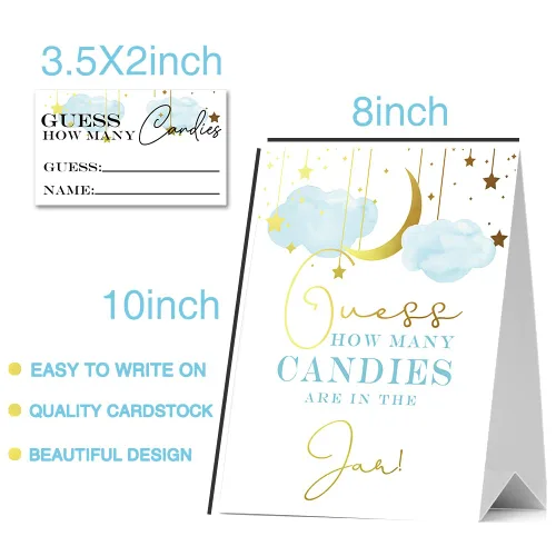 Miniatura 3 de Guess How Many Candies Baby Shower Games, paquete de 1 logotipo y 50 tarjetas, estrella y luna dorada, nube azul, letreros de baby shower, juego