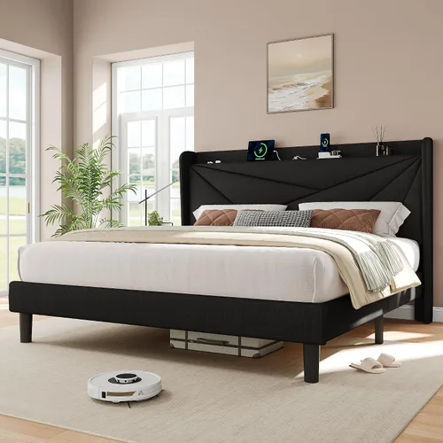 Miniatura 19 de iPormis Base de cama tamaño Queen con estación de carga, marco de cama de plataforma de lino con cabecera tapizada con respaldo de ala, soporte