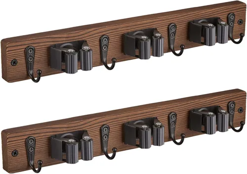 Miniatura 13 de OUTNILI Soporte de Pared Negro para Escoba y Trapeador con 4 Ranuras y 4 Ganchos - Colgador de Escoba y Trapeador de Madera Rústica para Despensa
