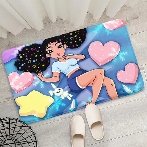 Miniatura 4 de Alfombra de área para dormitorio de niñas negras africanas, alfombra para sala de estar, sala de juegos, azul, lindo anime de dibujos animados