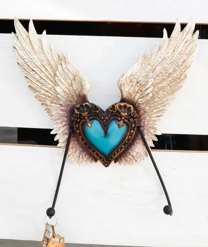 Miniatura 7 de Ebros Gift Corazón de flor de Lis de cuero sintético rústico occidental con alas de roca turquesa y ángel, ganchos dobles decorativos para colgar