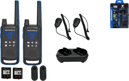 Motorola Solutions, Talkabout T802, radio bidireccional portátil FRS, paquete de 2 walkie talkies, azul/negro, 22 canales, 1 bandeja de carga dual,