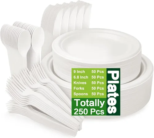 Miniatura 8 de Unves - Juego de 250 platos de papel compostables con utensilios extralargos, juego de vajilla desechable de fibras de caña de azúcar, platos Marrón