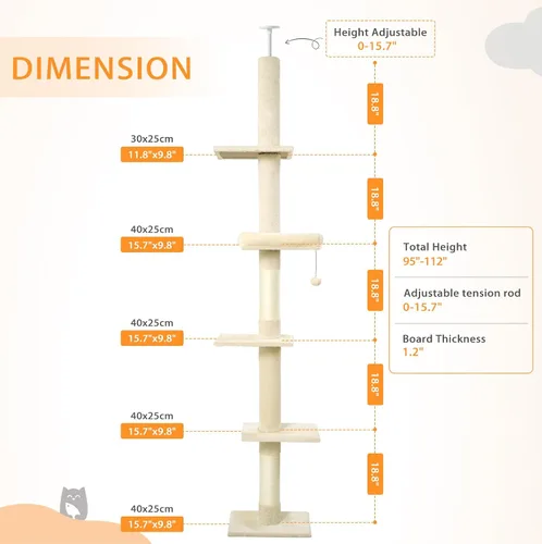 Miniatura 2 de Árbol para gatos de piso a techo, torre para gatos con altura ajustable de 98-110 pulgadas, árbol para gatos de 5 niveles con cama acogedora