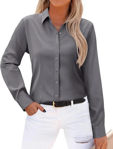 Miniatura 14 de Gleeivy - Camisas abotonadas para mujer, sin arrugas, de manga larga, camisas de vestir casuales con cuello V, ajustadas, de un solo