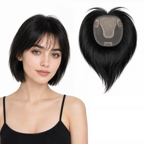 Miniatura 13 de Peluca de cabello humano para mujer con flequillo, peluca con clip para cabello fino + base de cuero cabelludo de poliuretano de alta densidad