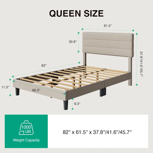 Miniatura 2 de Novilla Base de cama tamaño Queen, base de cama tamaño Queen con soporte de listones de madera, cabecera con rayas tapizada en lino, no necesita