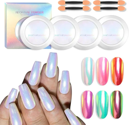 Ownest 4 piezas de polvo de uñas cromado neón, pigmento de purpurina de uñas cromadas de unicornio, pigmento iridiscente en polvo Aurora para uñas,
