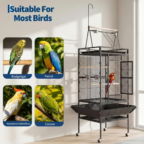 Miniatura 3 de Garvee Jaula grande para pájaros de 82 pulgadas de alto, jaula de periquitos rodante con parte superior de juego, percha de cuerda para pájaros