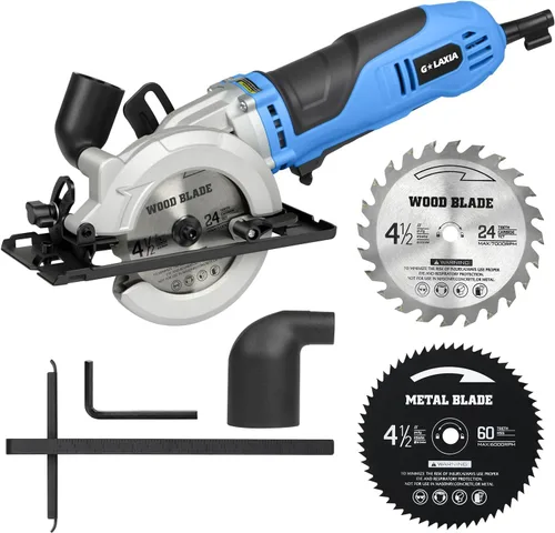 Miniatura 8 de Mini Sierra Circular, Sierra Circular con Cable de 4 Amperios 3500RPM con Guía Láser, Guía de Corte Longitudinal, Sierra Compacta con 2 Pzas Hojas