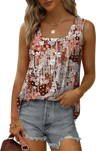 Miniatura 102 de Saloogoe - Camisetas sin mangas veraniegas para mujeres, plisadas con cuello cuadrado y dobladillo curvado, blusas de ajuste holgado con movimiento