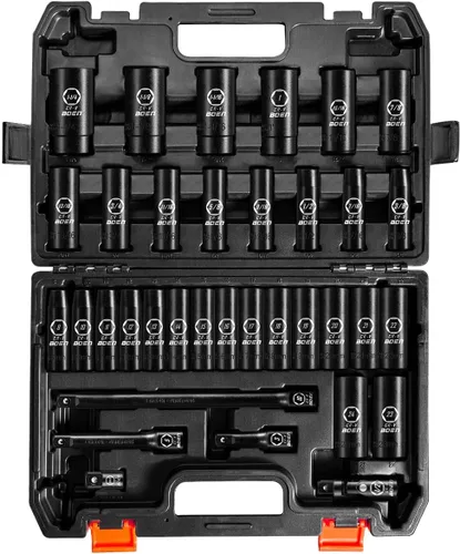 BOEN Juego de 35 piezas de llaves de impacto profundo con guía de 1/2 pulgada - SAE 3/8"-1-1/4" y métrico 8-24mm, extensiones, junta y adaptador, 35